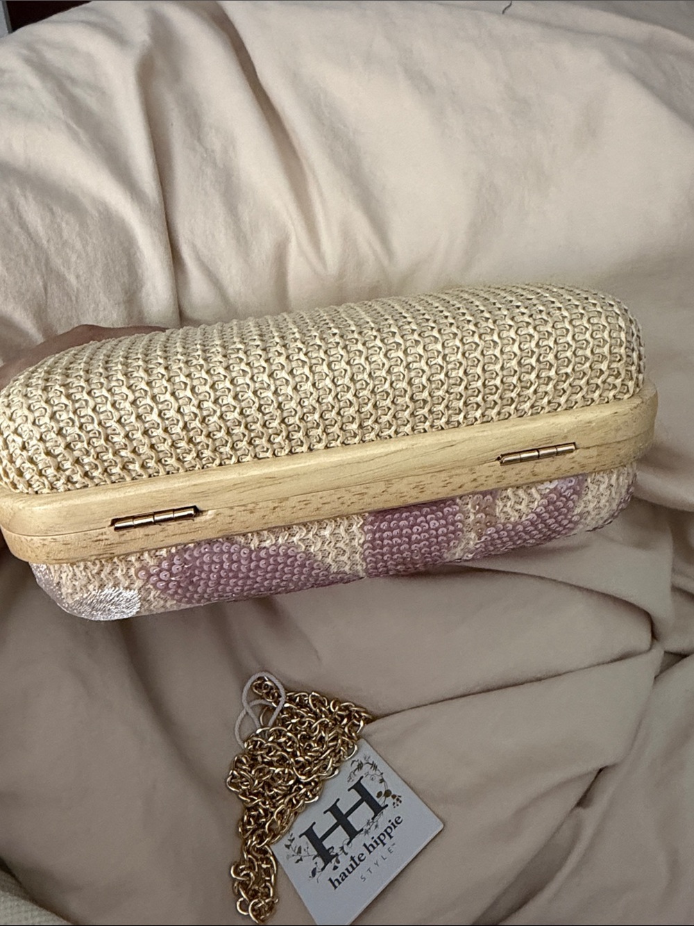 Haute Hippie Pink Sequin Floral Clutch with Wooden Handle - Picture 5 of 10